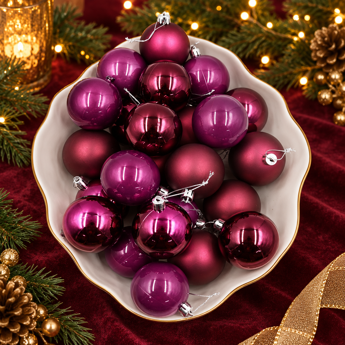 BURGUNDY Christmas Baubles 80mm Gloss Pearl Matt 24 Pack