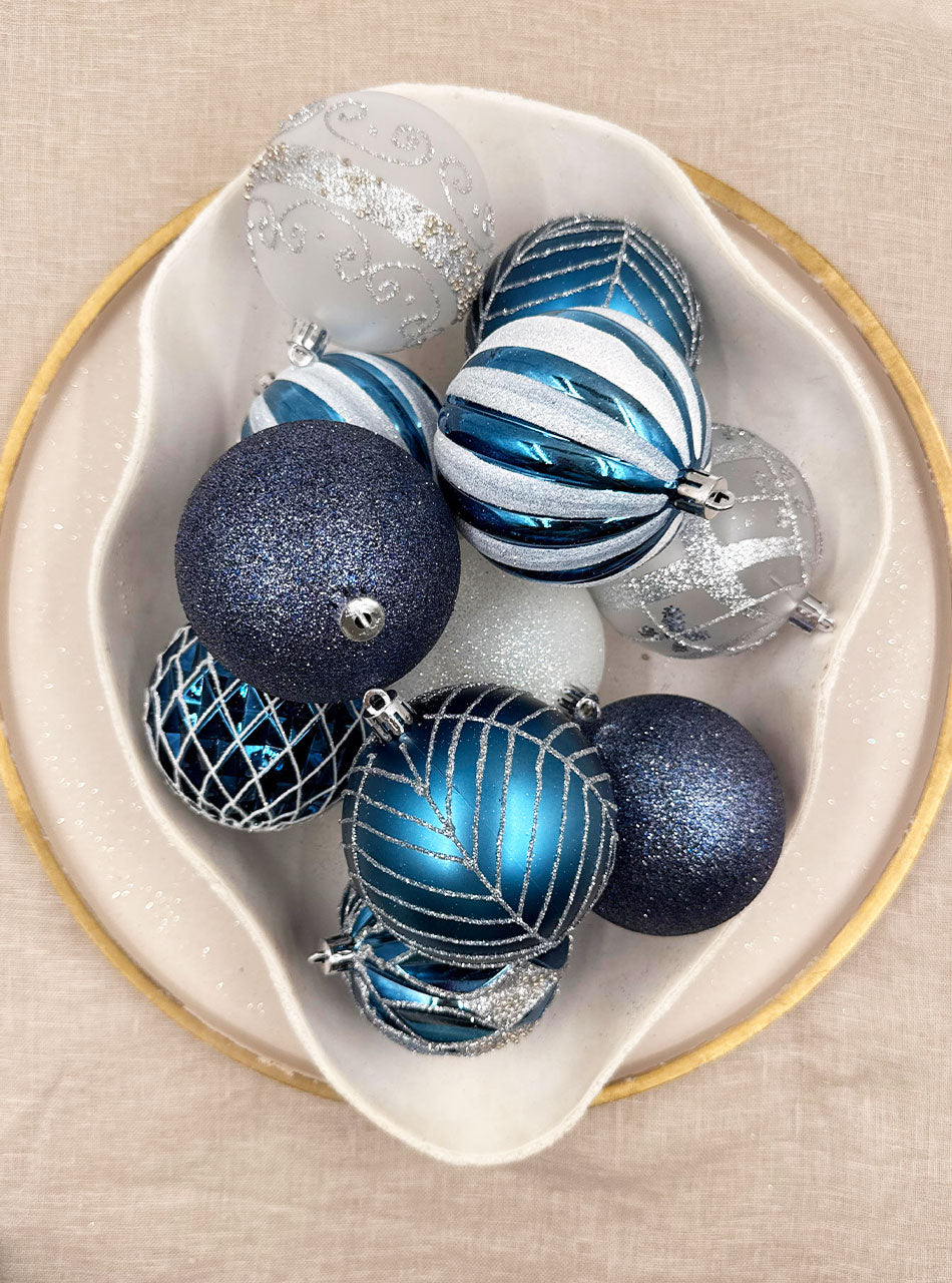 Dark Blue, Pearl & White Decorative Bauble 16 Pack 80mm