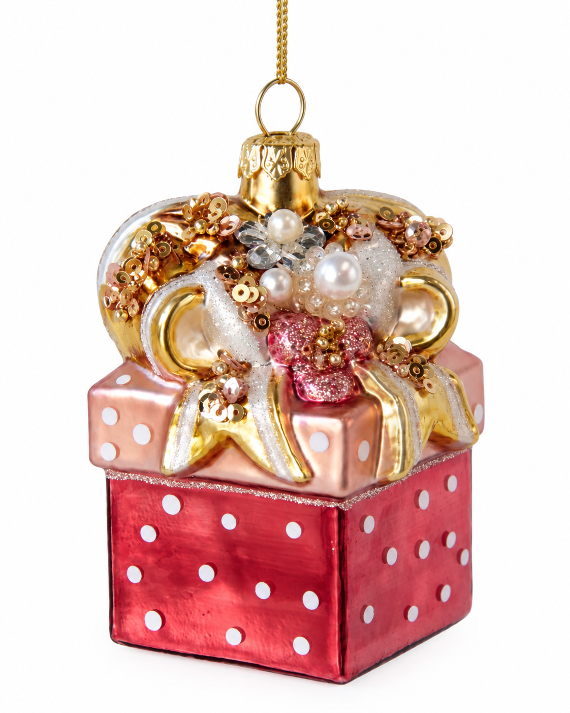 XMAS GIFT WITH BOW ORNAMENT - PINK/GOLD