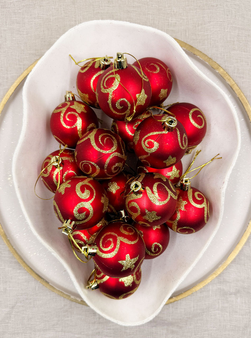 Red with Gold Swirl Detail 60mm Baubles 18 Pack