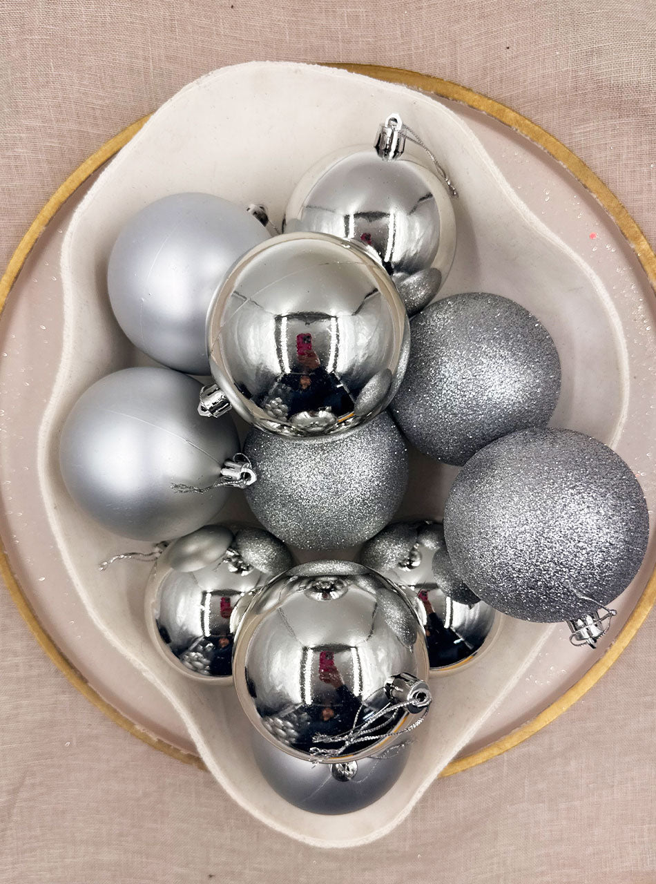 80mm Silver Christmas Baubles Gloss Glitter Matt Packs