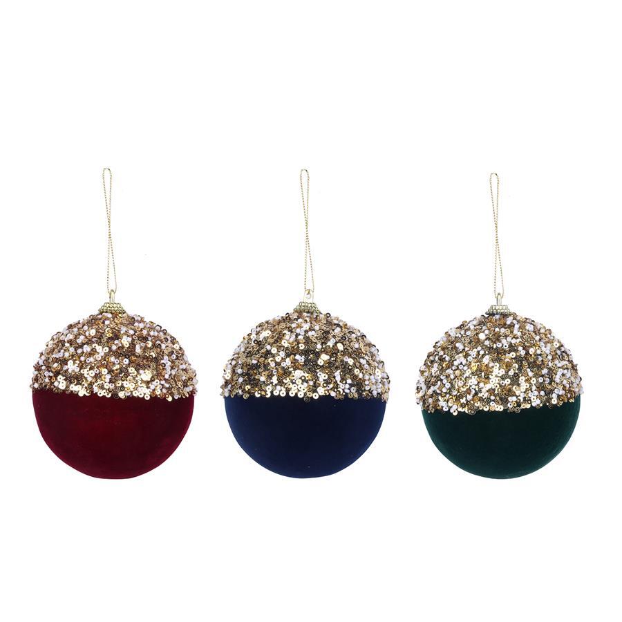 3 Designer Coloured Christmas Baubles Velvet With Glitter 90mm - Oceana