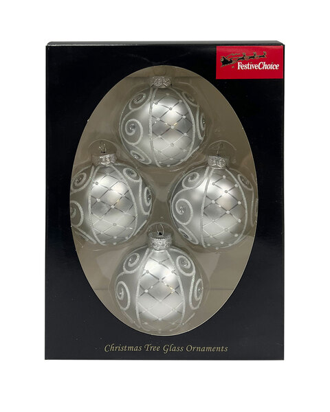 Set of 4 Silver GlassChristmas  Baubles 65mm