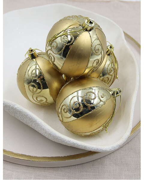 Gold Swirl with Stripe Christmas Baubles 80mm 4 Pack