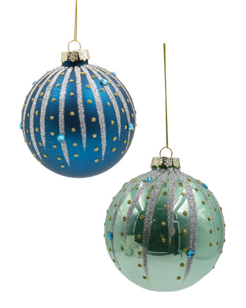 2 Glass Silver and Blue Baubles 10cm