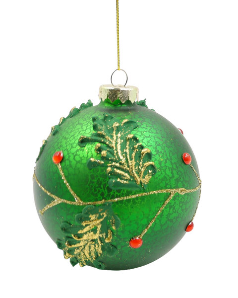 Green and Gold leaf glass Christmas Bauble 10cm