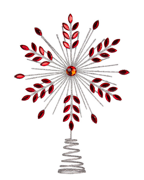 Christmas Tree Topper Silver & Red Metal Snowflake 30cm