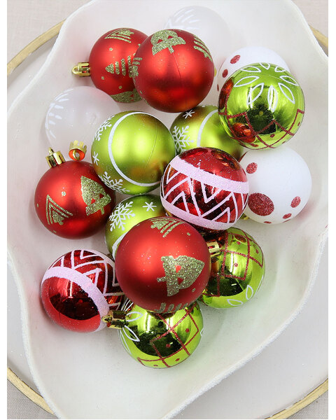 Red, Green & White Decorative Bauble 16 Pack 80mm