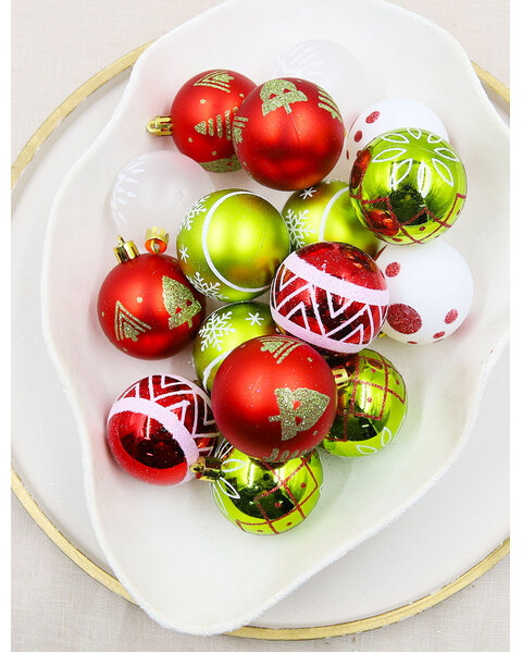 RED APPLE GREEN WHITE 60mm Christmas Baubles 16 Pack