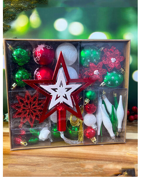 Red White & Green Christmas Tree 45pc Bauble Pack