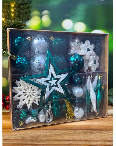 White & Teal Christmas Tree 45pc Bauble Pack