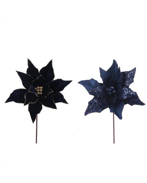 Navy Blue Poinsettia Flower Pick 29 & 30cm 2 Pack