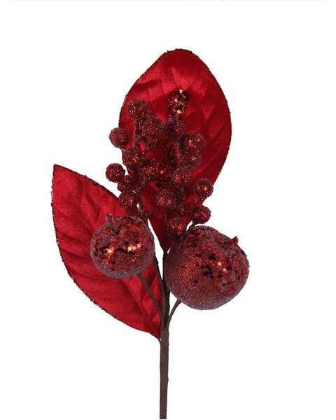 Red Velour Leaf & Apple Christmas Tree Pick 35cm