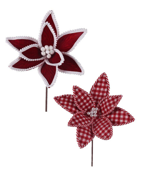 Red & Gingham Poinsettia Flower Christmas Tree Picks set of 2