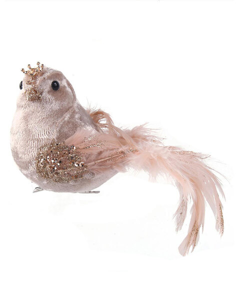 Pale Pink Velour Bird Christmas Tree Clip with Feathered Tail 15cm