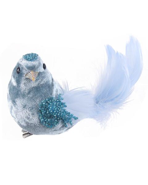 Pale Blue Feathered Bird With Clip Tree Ornament 15cm