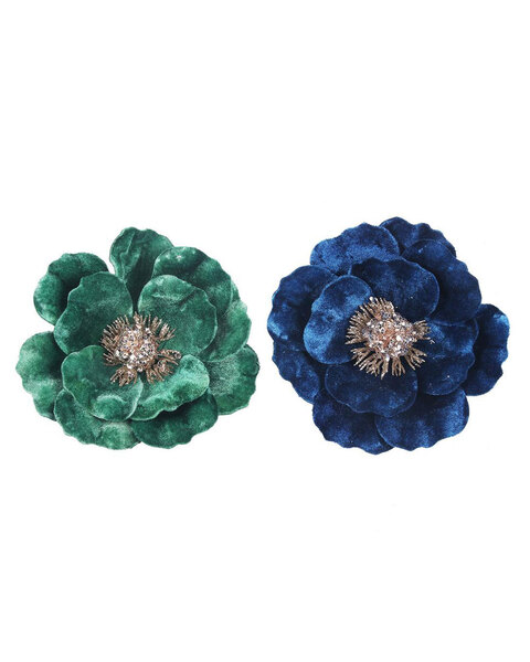 Green and Blue Magnolia Flower Christmas Tree Clip set of 2