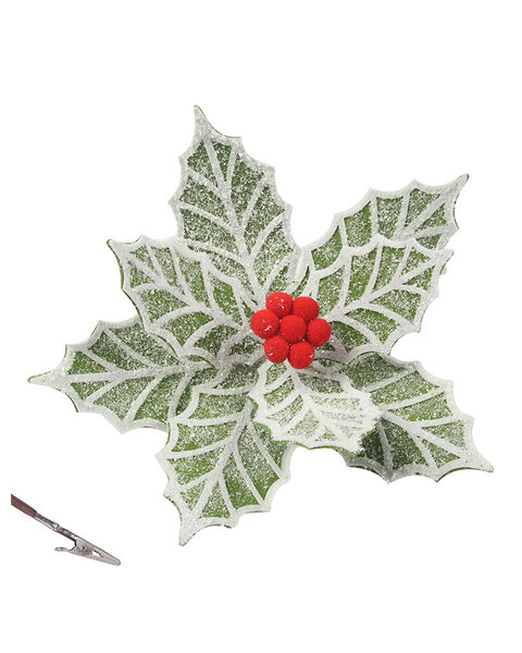 Frosted Green Poinsettia Christmas Tree Pick Clip Ornament