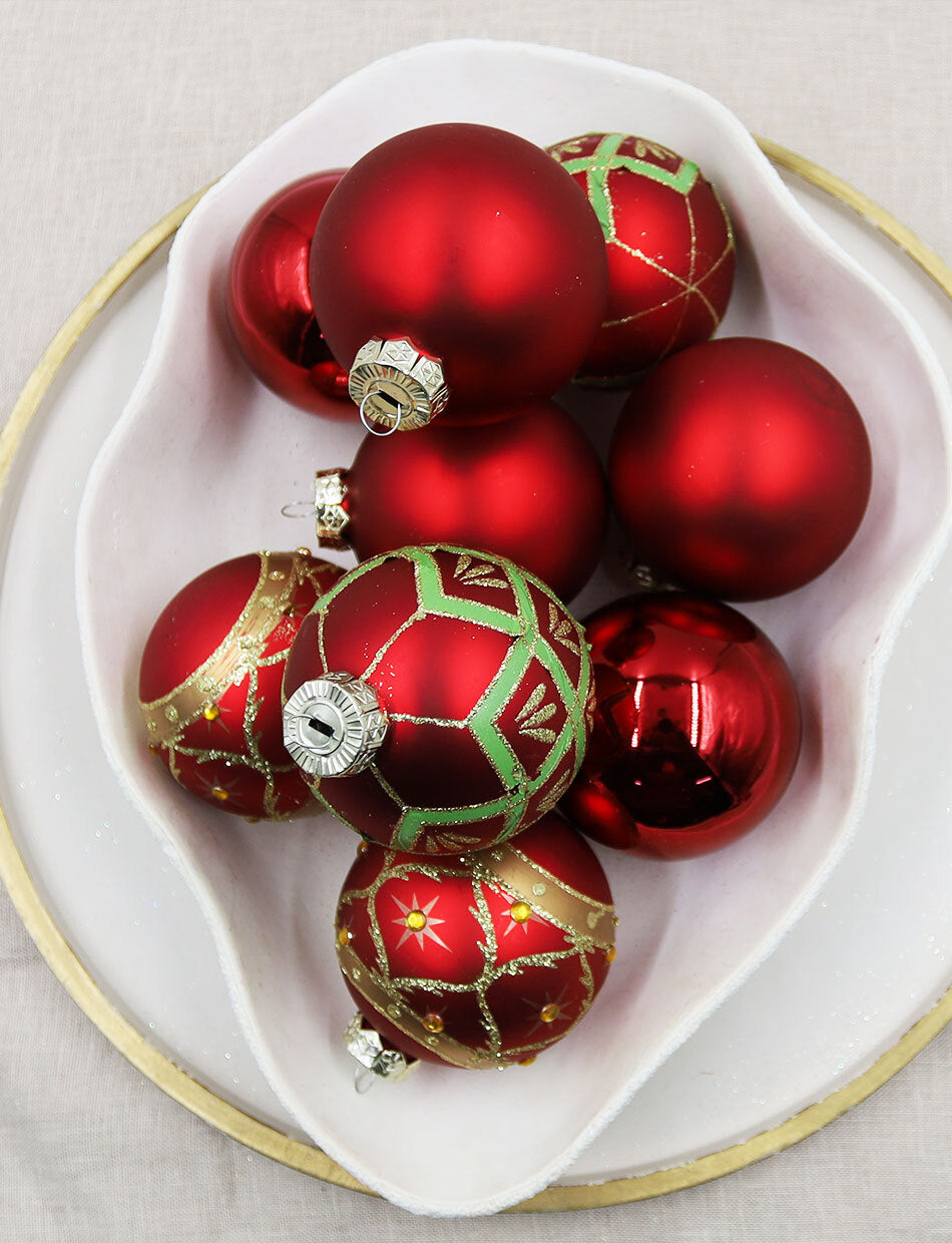 Red 80mm Glass Christmas Baubles Assorted Finishes 9 Pack