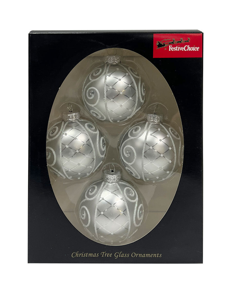 Set of 4 Silver GlassChristmas  Baubles 65mm