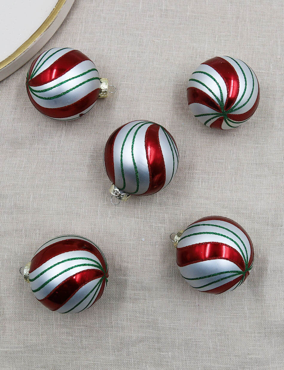67mm Glass Christmas Baubles Pepermint Swirl 5 Pack