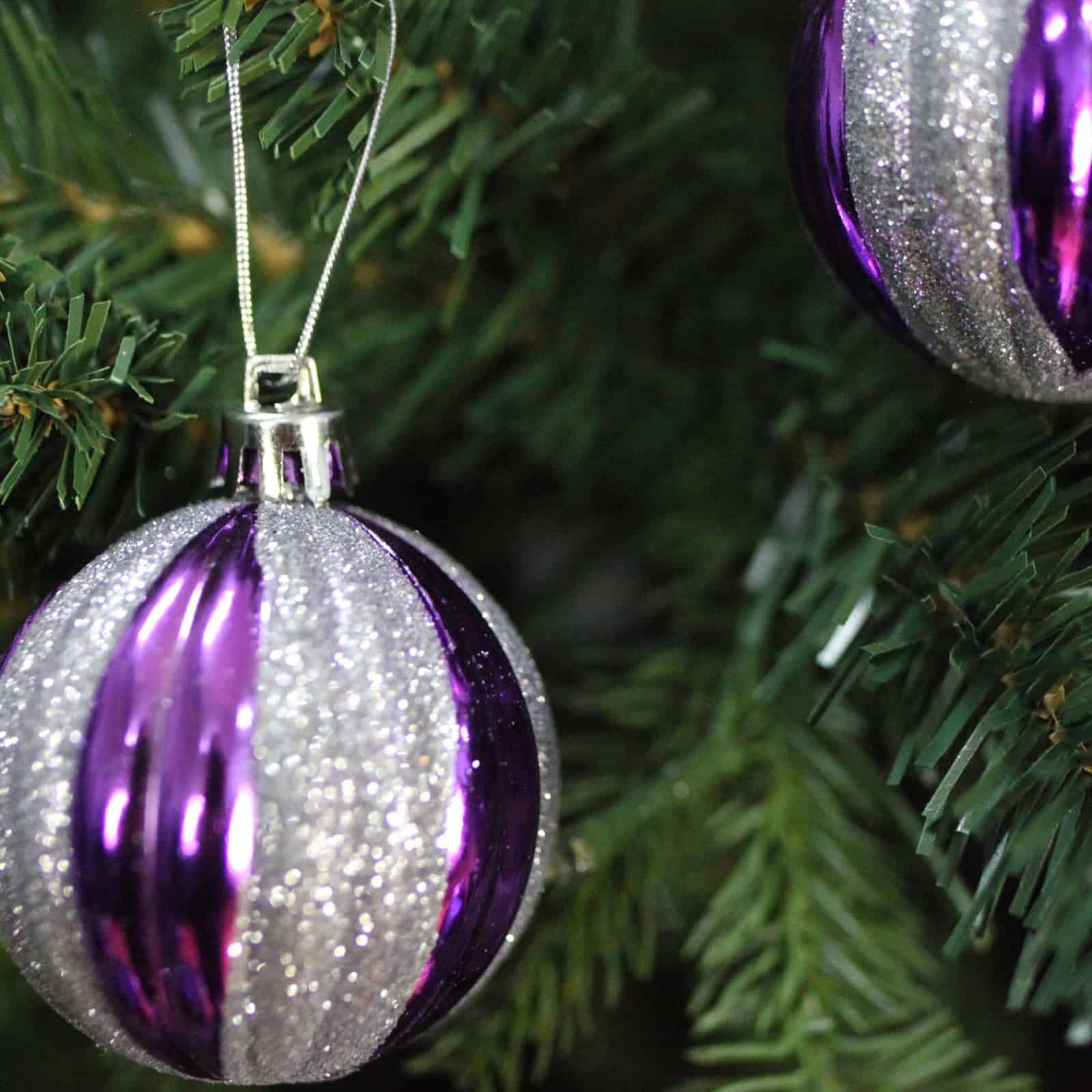 60mm Christmas Baubles Purple Silver Glitter 6 Balls