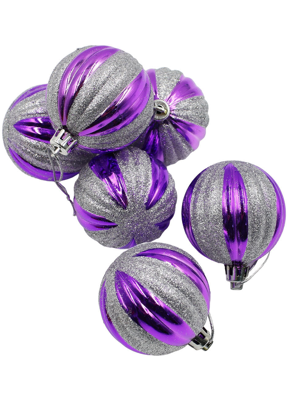 60mm Christmas Baubles Purple Silver Glitter 6 Balls