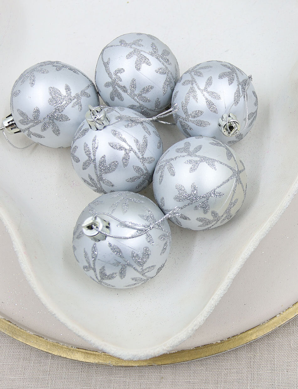 Silver Christmas Baubles with Flowers 60mm 6 pack