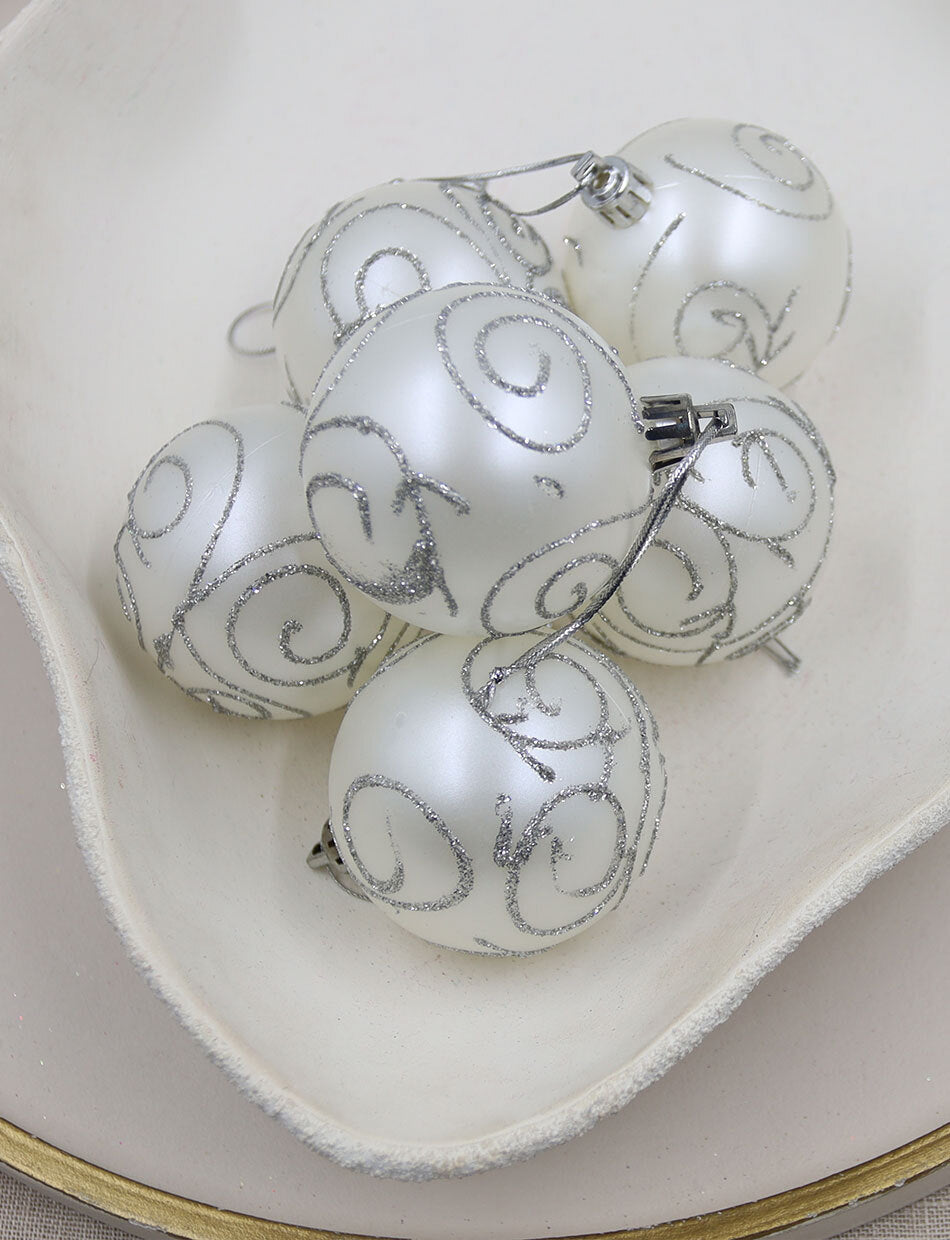 Pearl Christmas Swirl Baubles 60mm 6 Pack Gloss Matte