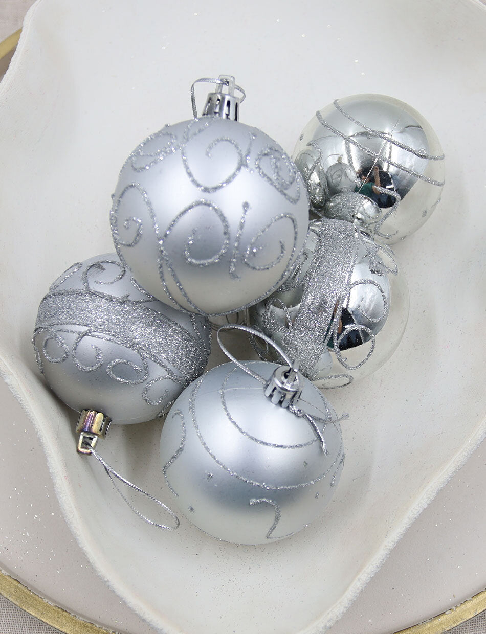 Light Silver Christmas Swirl Baubles 70mm 6 Pack