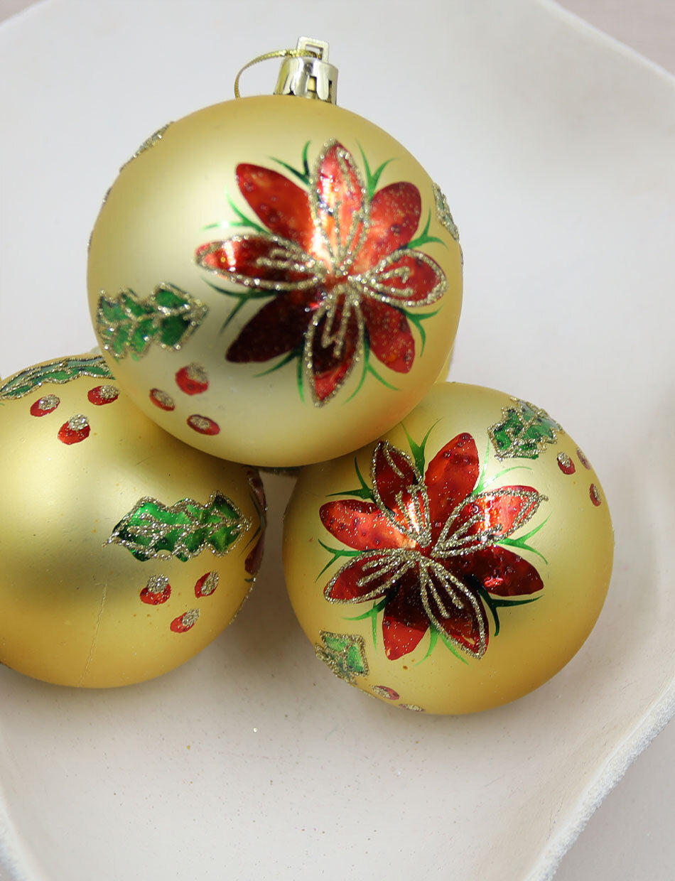 Gold with Flowers Christmas Baubles 80mm 4 pack Matt
