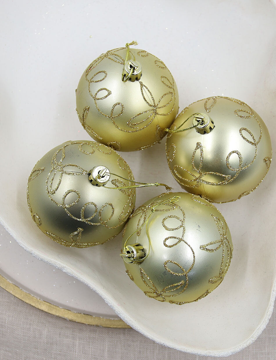 Gold Swirl Christmas Baubles 80mm 4 Pack