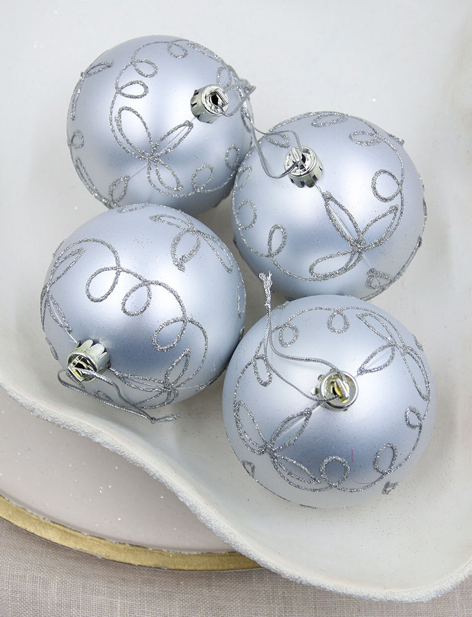 Silver Swirl Christmas Baubles 80mm 4 Pack