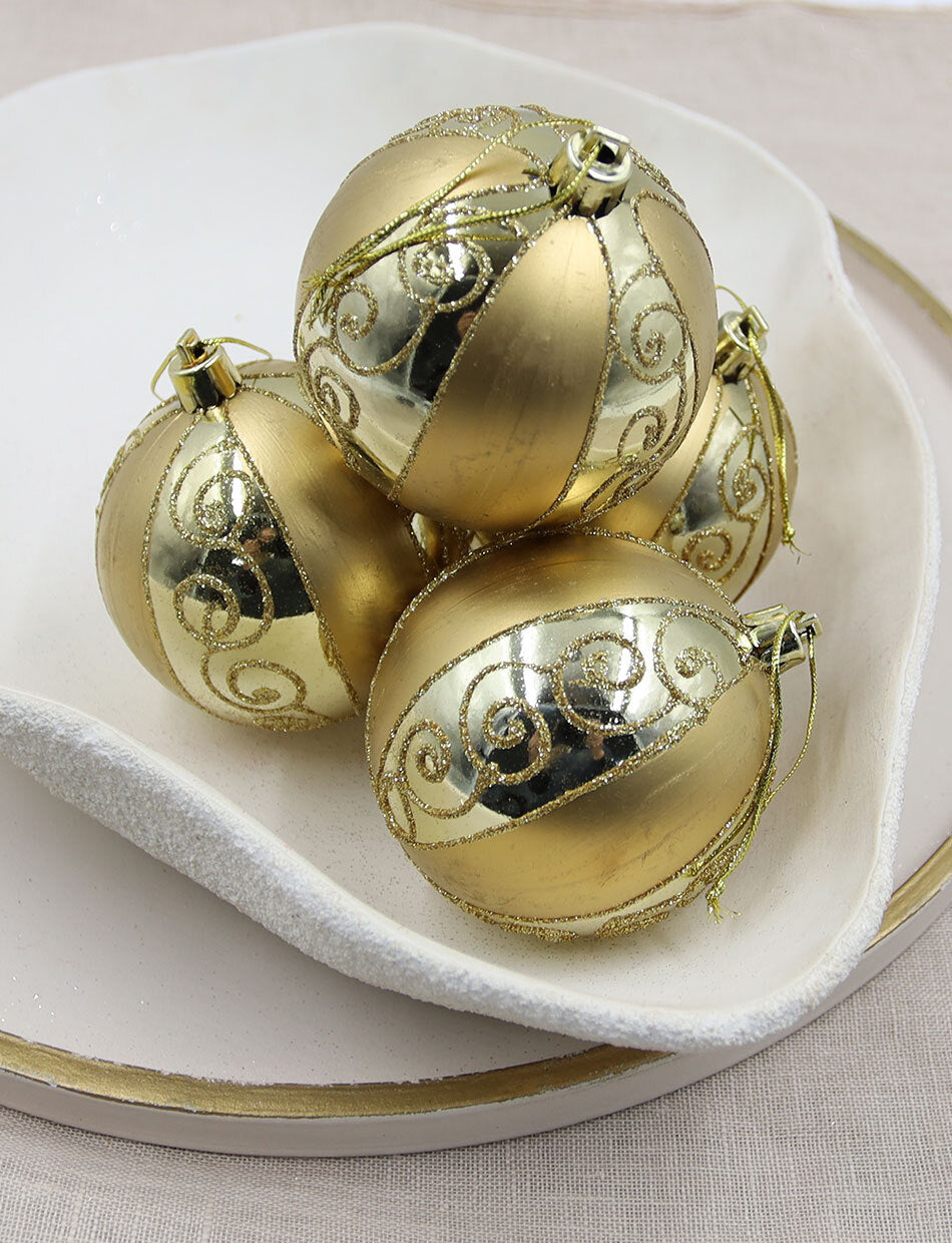 Gold Swirl with Stripe Christmas Baubles 80mm 4 Pack