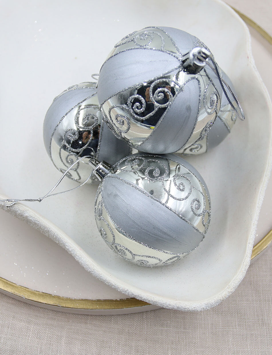Silver Swirl with Stripe 80mm Christmas Baubles 4 Pack