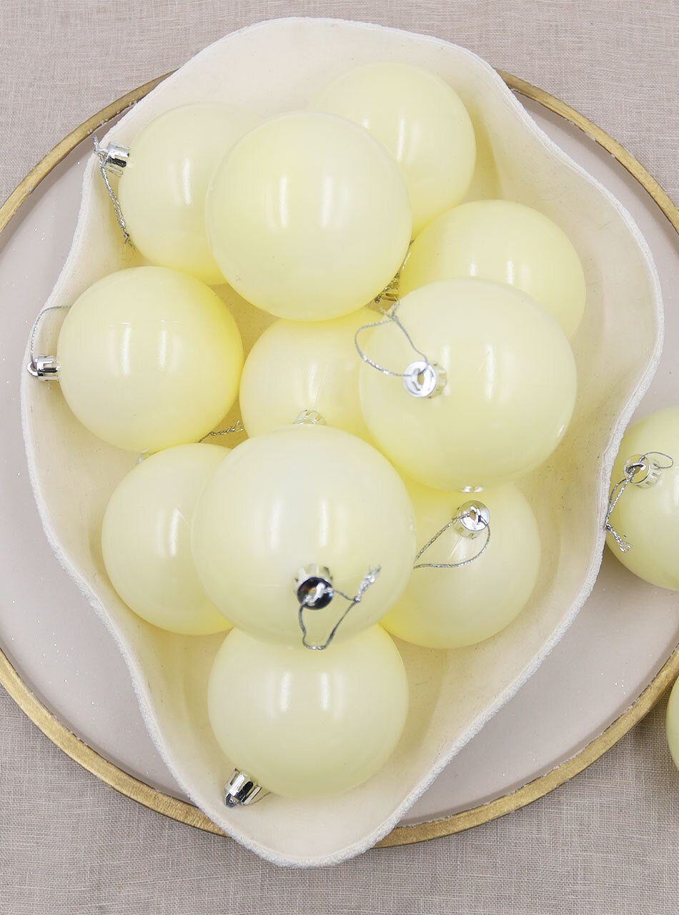Pastel Yellow Christmas Baubles 80mm Pearl 24 & 48 Packs