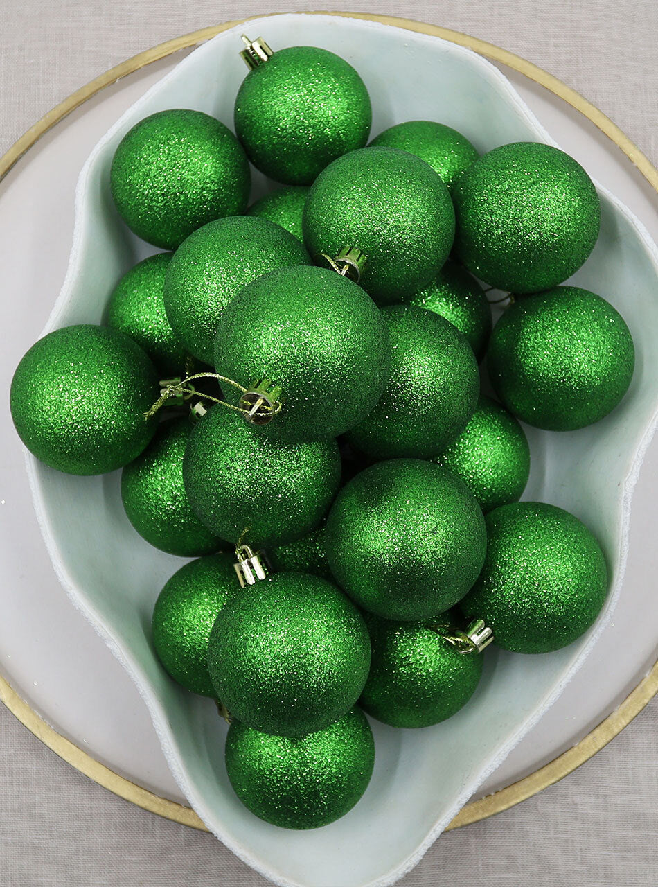 GREEN 70mm Christmas Baubles Glitter 48 Pack