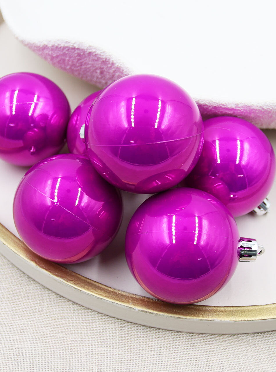 Hot Pink Christmas Baubles 70mm 6 Pack Pearl