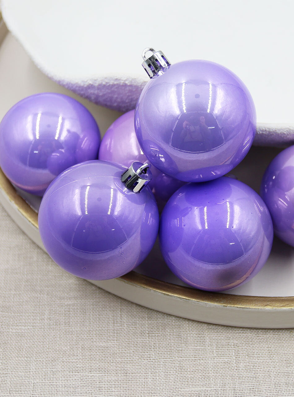 Light PURPLE Christmas Baubles 60mm Pearl 6 Pack