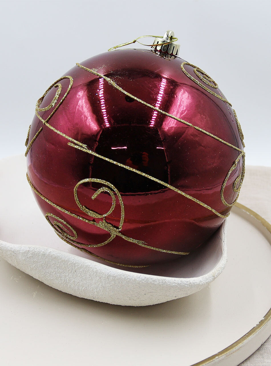 RED 200mm Christmas Bauble Gloss Swirl