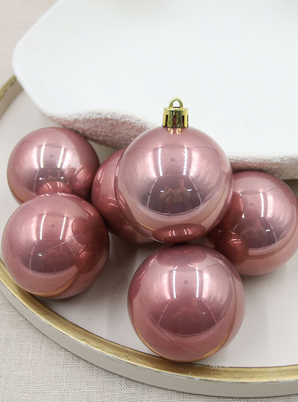 Rose Gold Christmas Baubles 60mm Pearl 6 Pack
