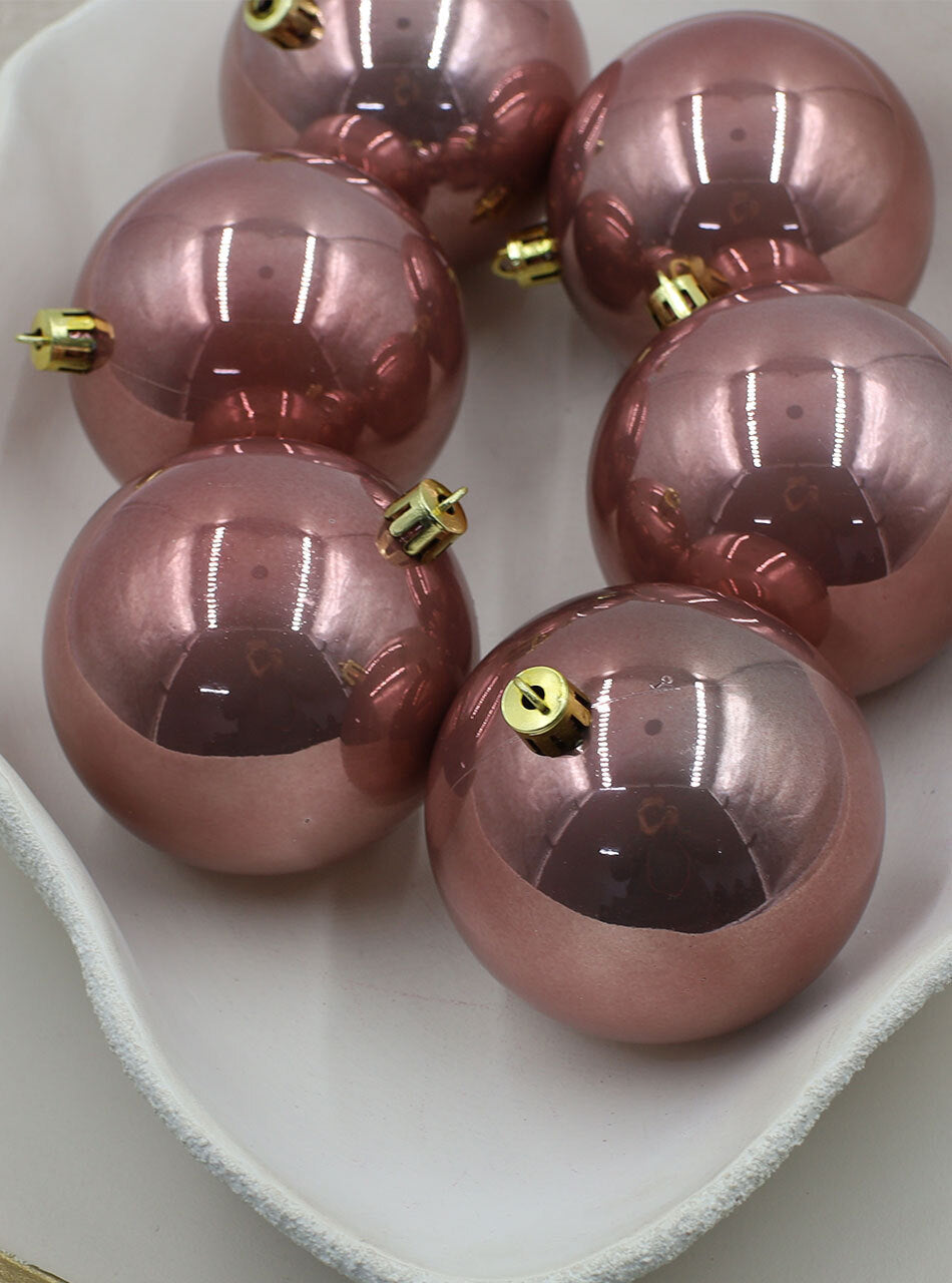 Rose Gold Christmas Baubles 70mm Pearl 6 Pack