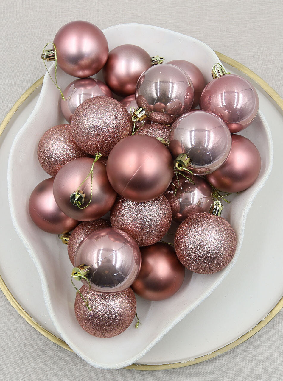 Rose Gold Christmas Baubles 60mm Pearl Matt Glitter Packs
