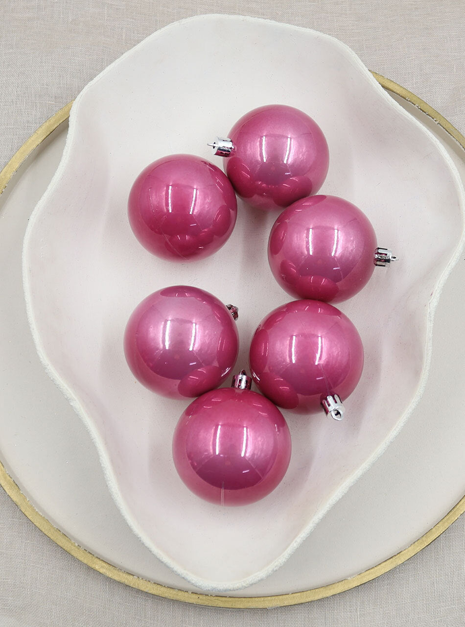 Rose Pink Christmas Baubles 70mm Pearl 6 Pack