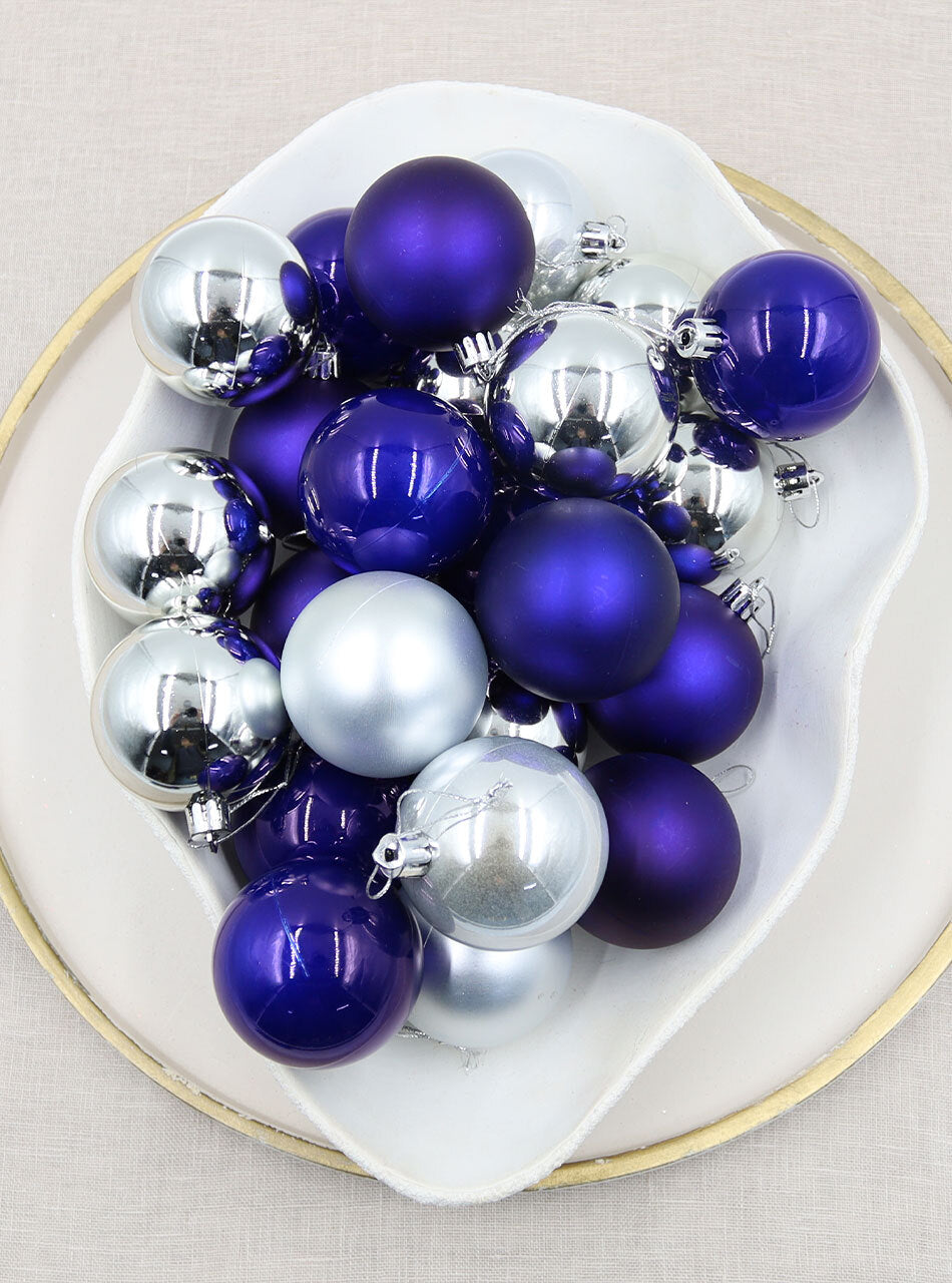 Silver / Royal Blue Christmas Baubles 60mm Pearl Matt