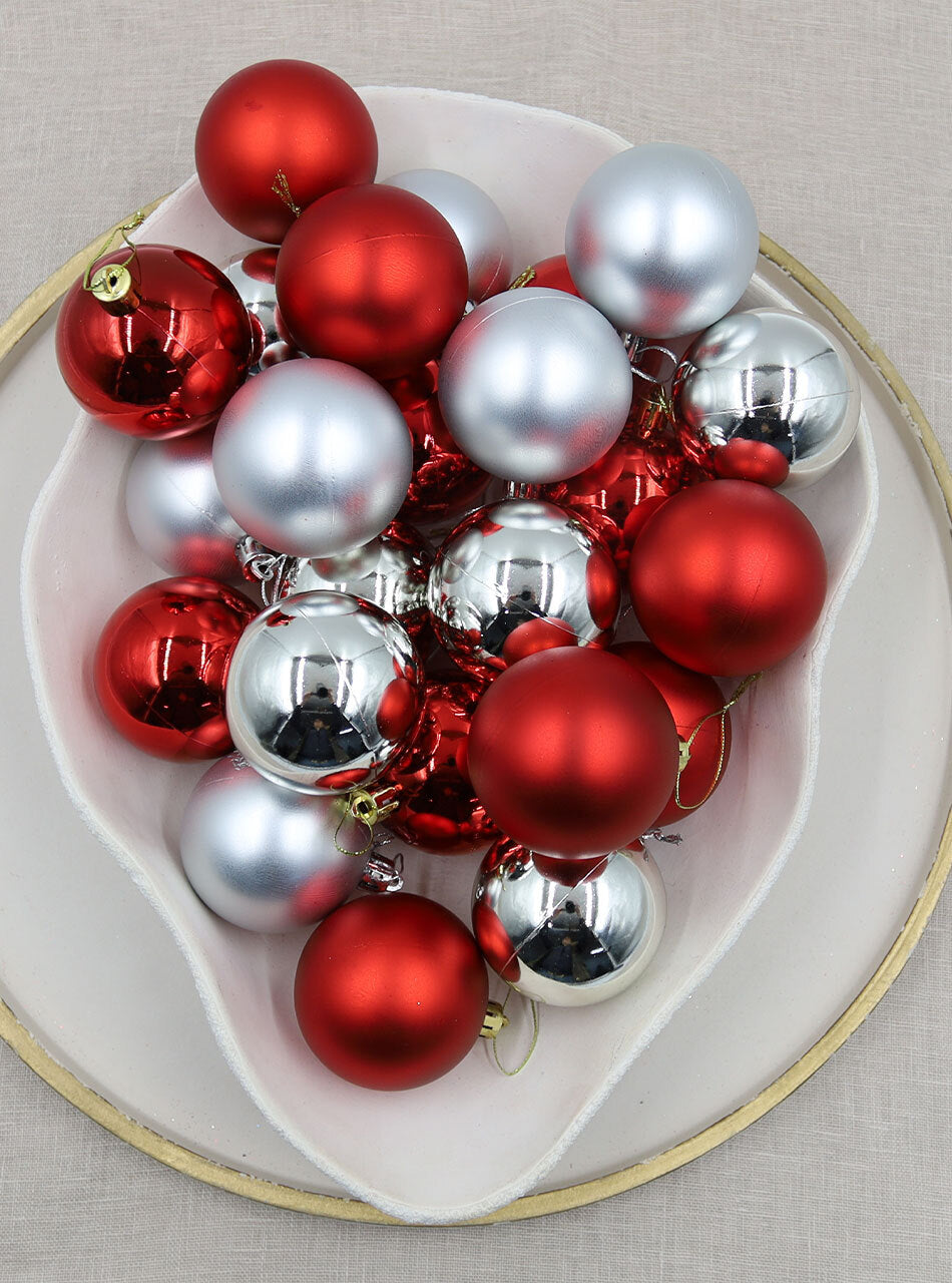 Silver / Red Christmas Baubles 60mm Gloss Matt