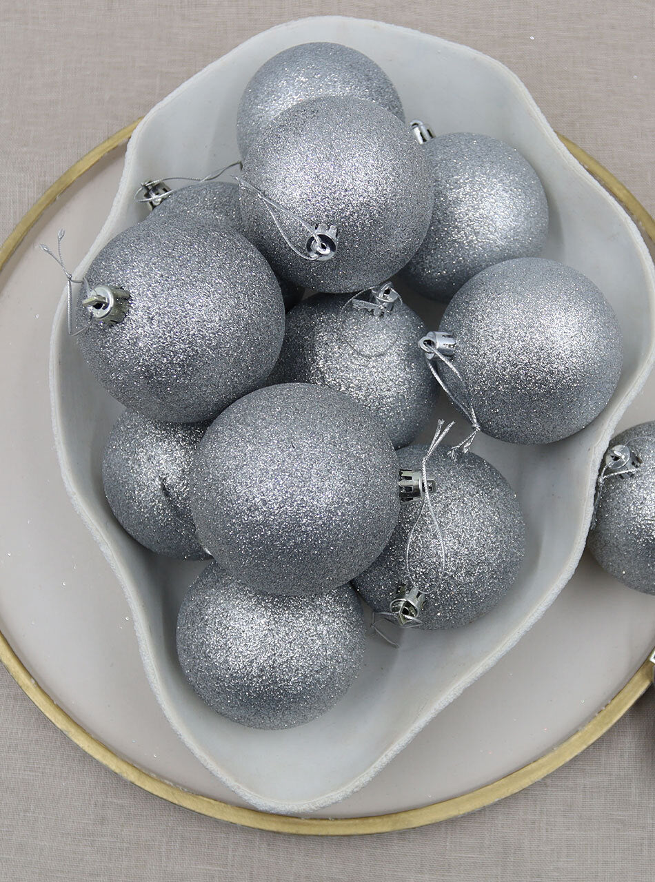 SILVER Christmas Baubles 80mm Glitter 24 Pack