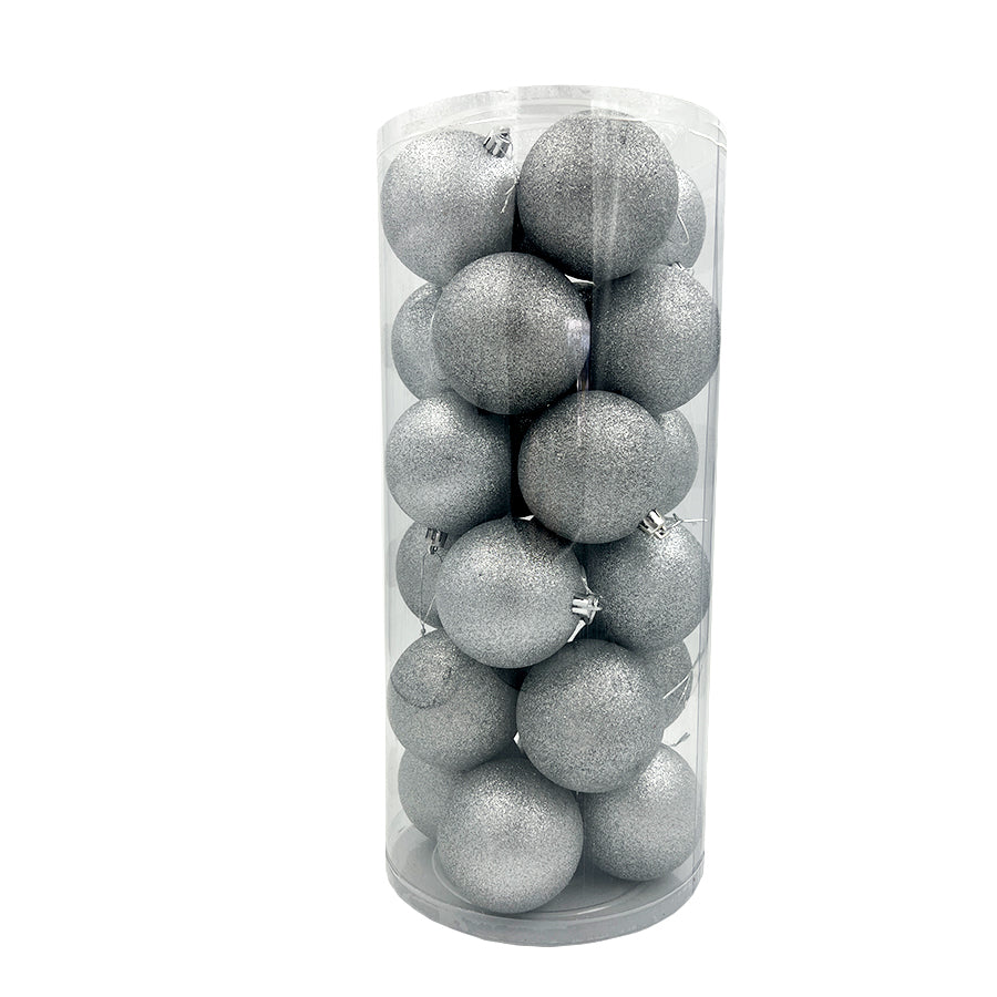 SILVER Christmas Baubles 80mm Glitter 24 Pack