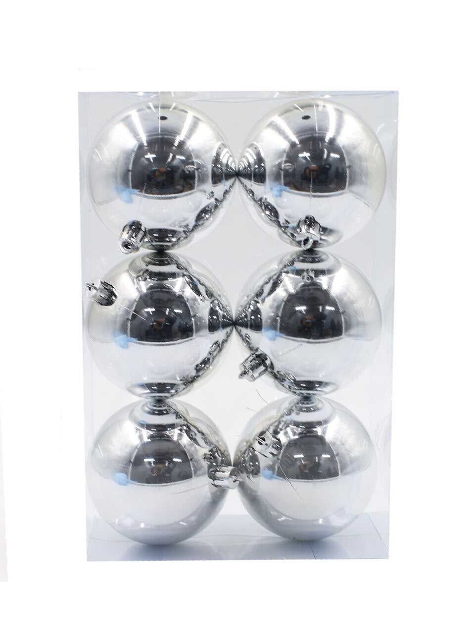 SILVER Christmas Baubles 80mm Gloss 6 Pack