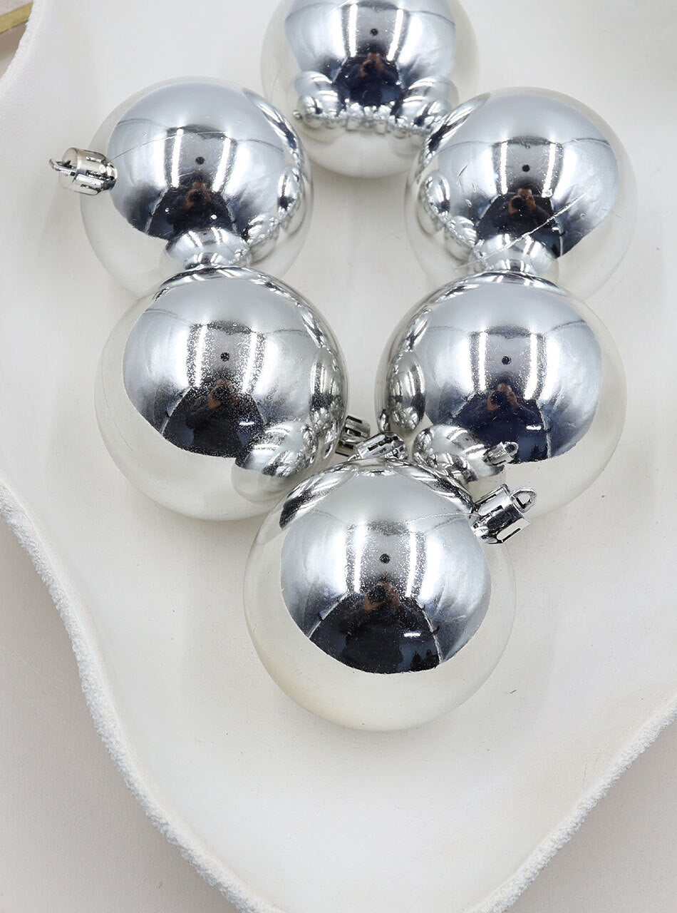 SILVER Christmas Baubles 80mm Gloss 6 Pack